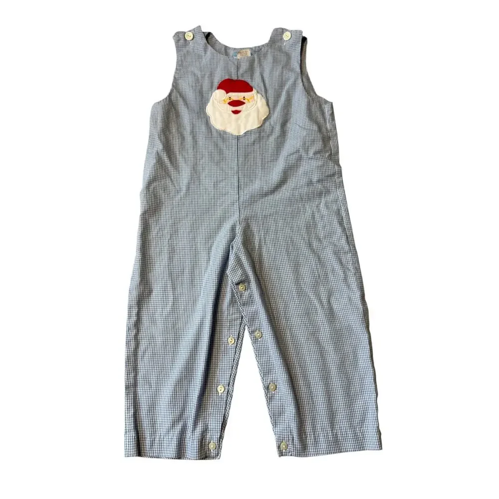 Monday's Child Toddler Size 3 Blue Gingham Santa Applique Christmas Overall